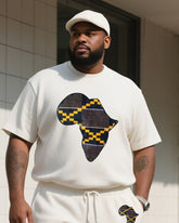 Men's Plus Size Beige Creative African Print T-Shirt Shorts Suit